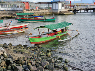 Fishing boats are anchored at the beach. Amahami Beach, Bima City, West Nusa Tenggara