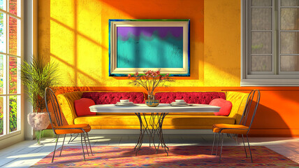 vintage interior design living room with an empty mockup with a colorful painted frame on the wall, The modern dining room with various furniture, office space with frame and colorful furnitures.