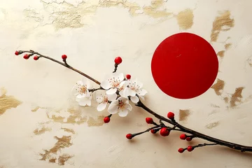 A sleek design with a bold red circle symbolizing the sun, paired with a single plum blossom branch © patchiya