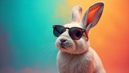 A cool bunny wearing sunglasses, set against a vibrant and colorful background, exuding a playful and trendy vibe
