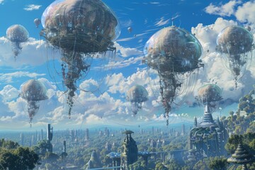 Futuristic Cityscape with Floating Aerial Habitats