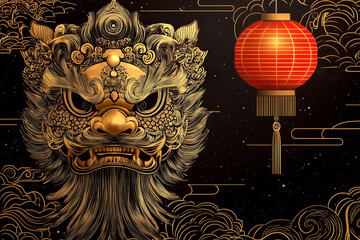 Fototapeta premium A minimalist line-art depiction of a lion dance mask, paired with a single red lantern