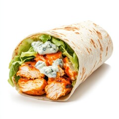 A spicy buffalo chicken wrap with grilled chicken, shredded lettuce, and blue cheese dressing