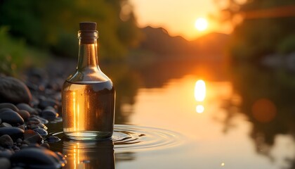 A glass bottle resting by still water, its golden-hour reflection shimmering as the warm hues of the sunset paint the natural surroundings with a serene glow