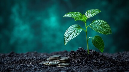 Lush Green Plant Growing From Pile of Coins Symbolizing Financial Wealth and Smart Investments