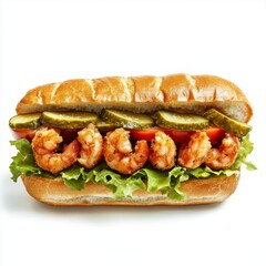 A spicy Cajun shrimp po' boy sandwich with lettuce, tomato, pickles