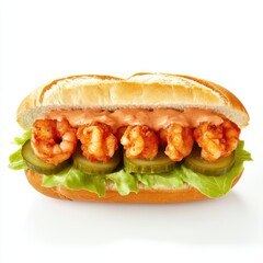 A spicy Cajun shrimp po' boy sandwich with lettuce, tomato, pickles