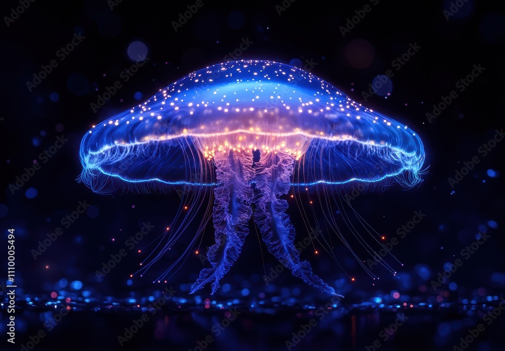 Poster vibrant bioluminescent jellyfish glowing in the deep ocean waters captured in stunning clarity with 
