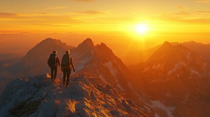Hikers Reaching Summit At Sunset Over Majestic Mountains