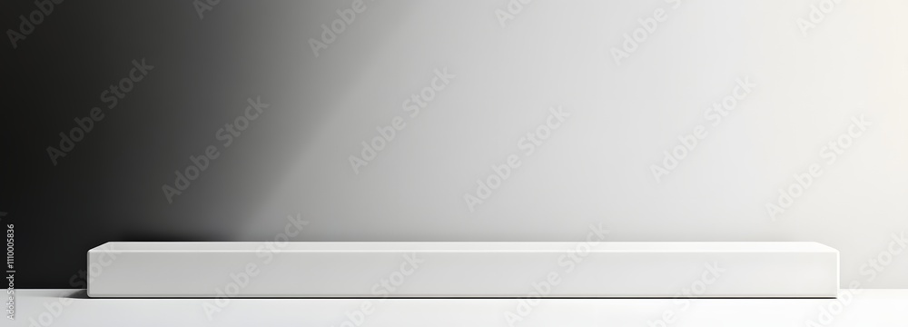 Poster sleek white podium with smooth, minimal design, set against a clean light grey background with ample