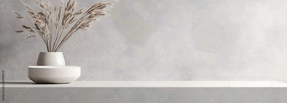 Poster sleek white podium with smooth, minimal design, set against a clean light grey background with ample