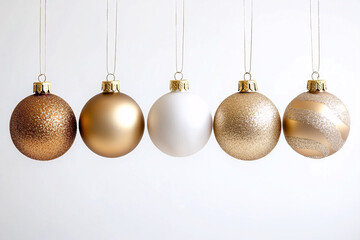Elegant gold and white Christmas ornaments ideal for holiday designs, advertisements, and festive greetings, bringing a cheerful ambiance to celebrations.