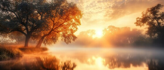 Obraz premium Serene sunrise over a misty lake with vibrant autumn trees.