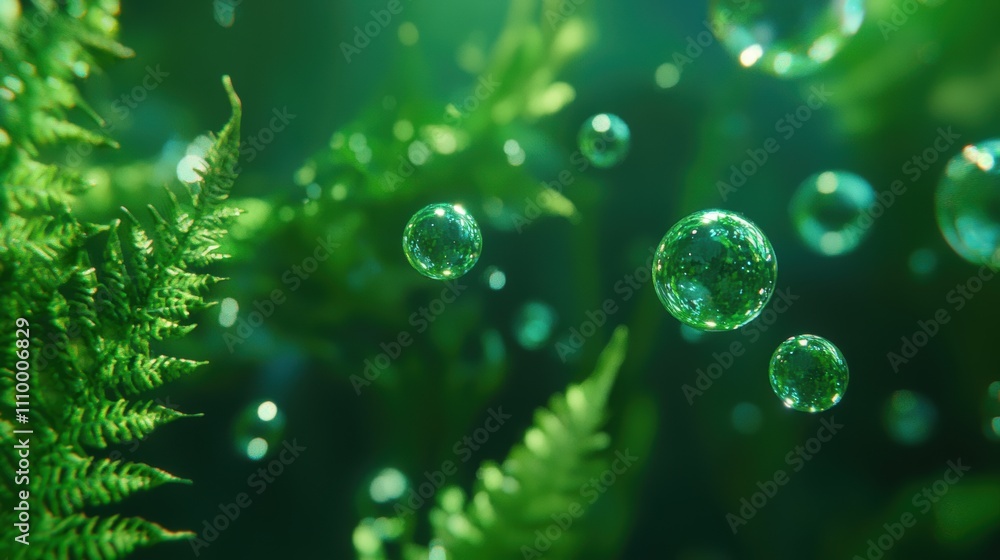 Poster lush greenery encased in shimmering water with floating bubbles in a tranquil environment