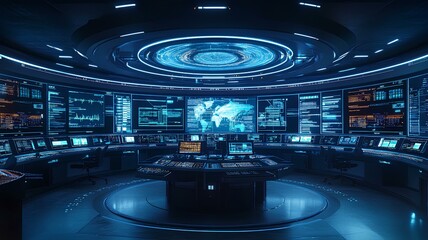 Spaceship interior with glowing  monitors and screens