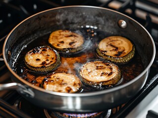 Sliced vegetables grilling in a frying pan, creating a smoky and flavorful dish.