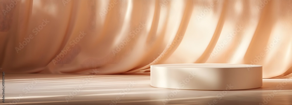 Poster elegant round podium with a clean matte finish, bathed in soft light with a large, empty backdrop fo