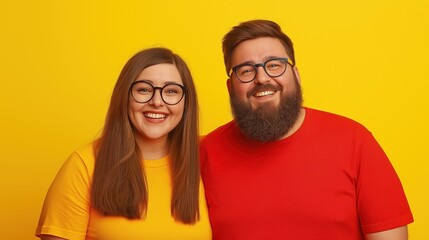 Fototapeta premium Young couple smiling in yellow and red clothes against yellow background. Friendship concept