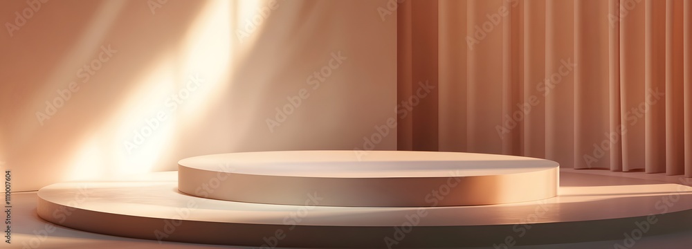 Poster elegant round podium with a clean matte finish, bathed in soft light with a large, empty backdrop fo
