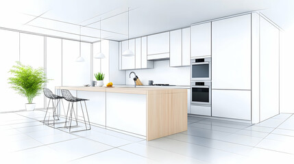 A modern house blueprint featuring interior design elements like a kitchen, living area, and contemporary furniture