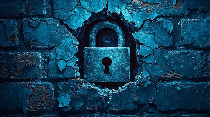 Padlock Icon Embedded in Cracked Brick Wall Symbolizing Secure Systems Against Attacks