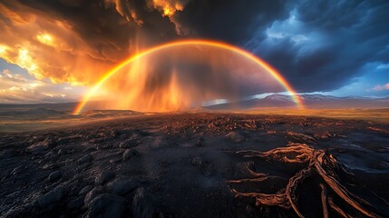 Dramatic sunset rainbow over volcanic landscape with rain.