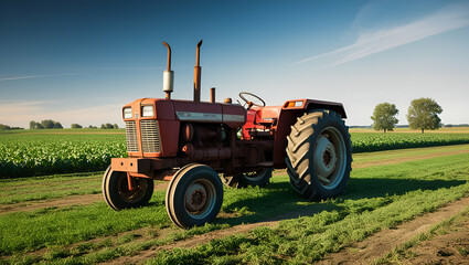 Obraz premium A classic red tractor stands in a lush green field under a clear blue sky. This vintage machinery represents farming and agriculture in a tranquil rural setting