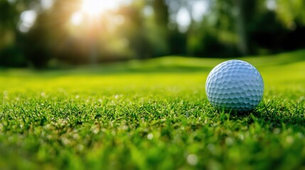 Obraz premium Golf ball on green grass against sunny background with copy space. Sport equipment