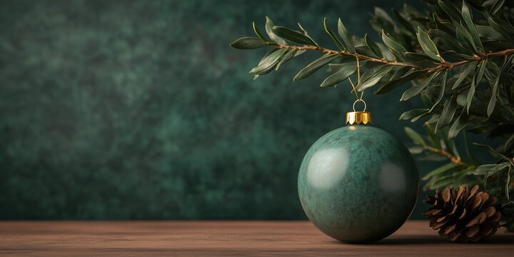 Green bauble with olive branch and pine cone against dark background with copy space. Natural christmas decor