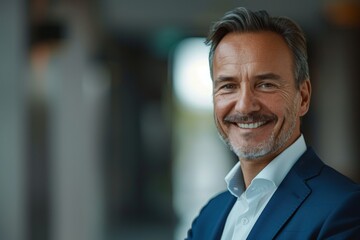Fototapeta premium Headshot close up portrait of indian or latin confident mature good looking middle age leader, ceo male businessman in suit on office background. Handsome hispanic senior business man smile at camera