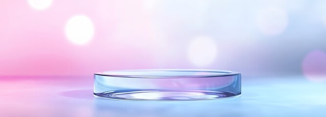 Transparent acrylic podium with soft reflections, set against a light pastel-colored background with ample space to showcase a product.