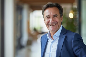Fototapeta premium Headshot close up portrait of indian or latin confident mature good looking middle age leader, ceo male businessman in suit on office background. Handsome hispanic senior business man smile at camera