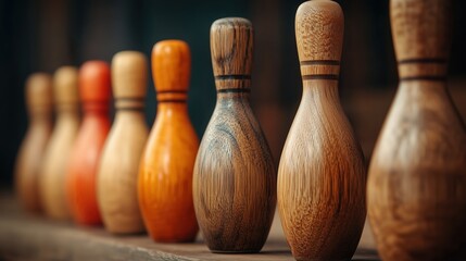 Wooden bowling pins in row on dark background with copy space. Vintage game collection