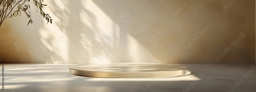 Poster minimalist clear podium on a smooth light floor with soft shadows, placed in front of a seamless bac