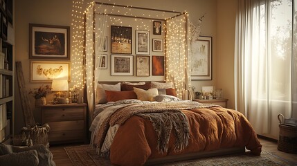 Cozy bedroom with warm lighting, autumnal colors, and gallery wall above the bed.