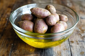 Obraz premium A bowl of small purple potatoes submerged in olive oil on a wooden surface.