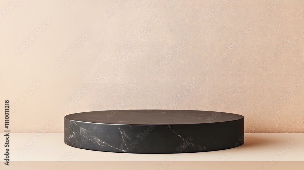 Poster matte black podium with subtle texture, against a solid, light-colored background and wide open spac