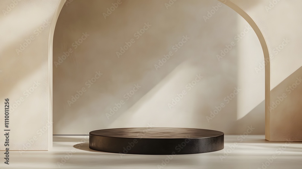 Aufkleber matte black podium with subtle texture, against a solid, light-colored background and wide open spac