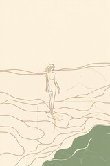 A minimal single line art of a woman walking barefoot on the beach, waves lapping at her feet, celebrating the freedom of the ocean, hand-drawn style minimalist line art, beige colors 
