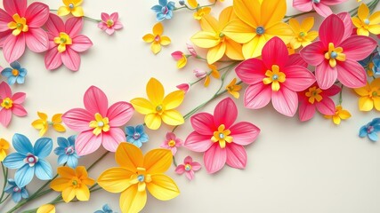 A colorful floral arrangement featuring yellow, pink, and blue paper flowers with delicate stems and green leaves, showcasing intricate details and a vibrant spring aesthetic.