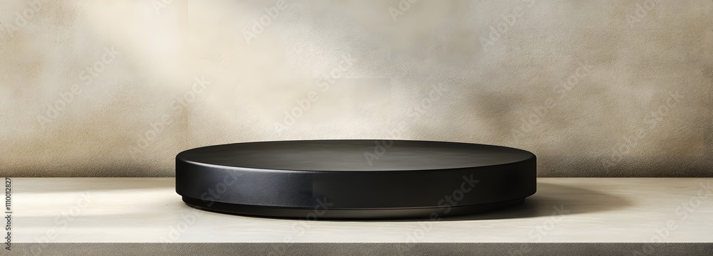 Poster sleek black podium with smooth edges, spotlighting the center against a neutral-toned background and