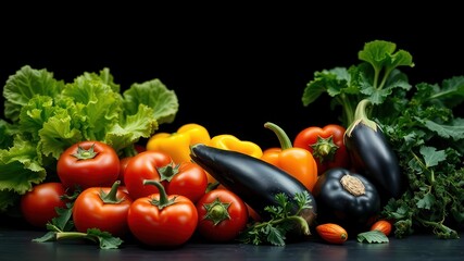 Vibrant Fresh Produce Arranged on a Dark Surface, Featuring Tomatoes, Peppers, Eggplant, and Green Leafy Vegetables