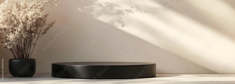 Aufkleber sleek black podium with smooth edges, spotlighting the center against a neutral-toned background and