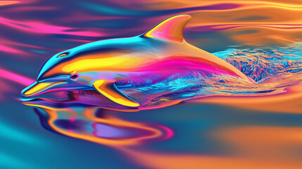 Fototapeta premium A sleek 3D dolphin, rendered in bright, pop colors like neon yellow, pink, and blue, gracefully swimming across the surface of abstract water.