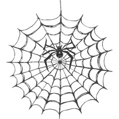 Obraz premium A black spider web with a spider at its center, drawn in a sketch-like or hand-drawn style. png isolated background. transparent background.