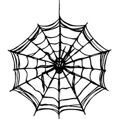 Obraz premium A black spider web with a spider at its center, drawn in a sketch-like or hand-drawn style. png isolated background. transparent background.