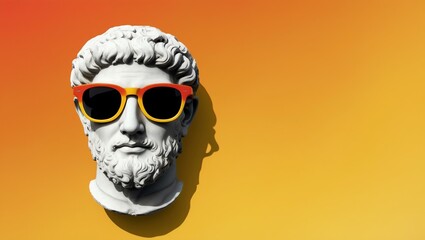 yellow to orange gradient background with a close-up Greek marble head bust on party sunglasses