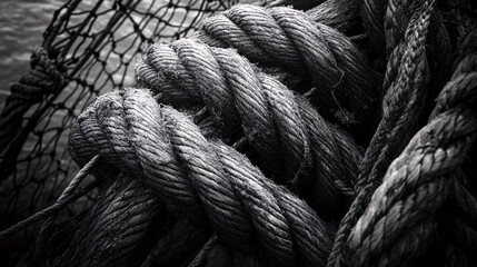 35.Weathered industrial ropes entwined with tangled fishing nets, capturing the raw texture of the fibers and knots. The contrast between the sturdy, worn ropes and the fragile yet intricate netting