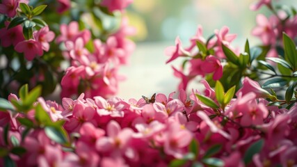 A solitary butterfly rests among a sea of delicate pink blossoms, a moment of tranquility amidst the vibrant floral display.