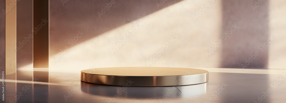 Poster sleek metallic podium on a polished floor with smooth shadows, set against a simple light-colored ba